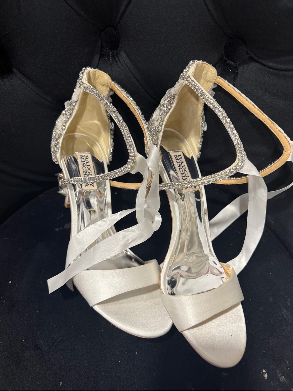 Badgley Mischka Ivory Satin Crystal Ankle-Strap Heels with Ribbon Ties